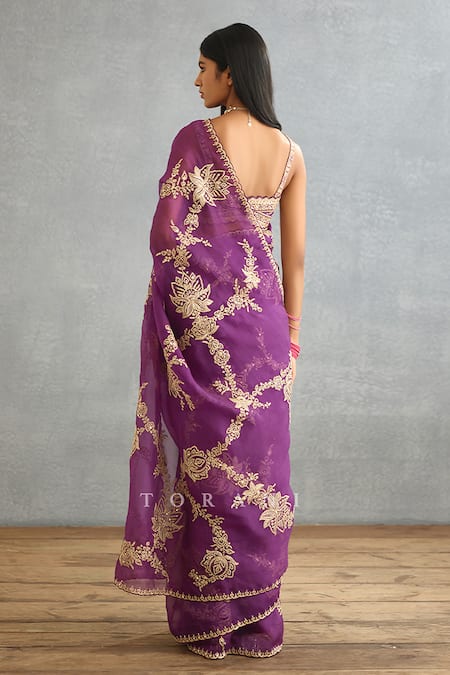 Shop_Torani_Purple Silk Organza Hand Embroidery Dori Gul Rez Daavya Saree  _at_Aza_Fashions