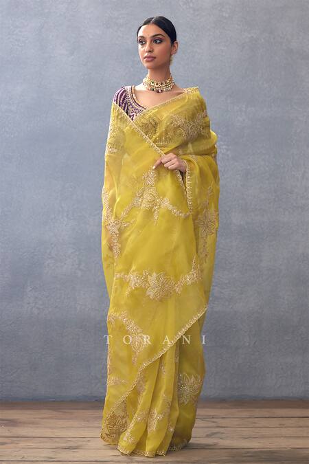 Shop Torani Yellow Silk Organza Embroidery Gul Mehtab Daavya Hand Saree Online at Aza Fashions Shop_Torani_Yellow Silk Organza Embroidery Gul Mehtab Daavya Hand Saree _Online_at_Aza_Fashions