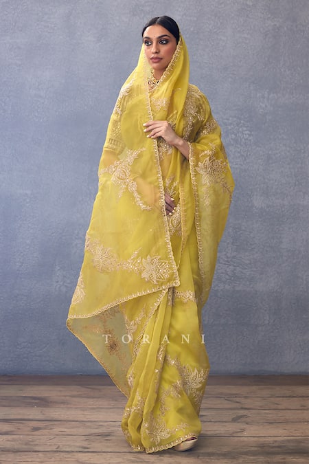 Shop Torani Yellow Silk Organza Embroidery Gul Mehtab Daavya Hand Saree at Aza Fashions Shop_Torani_Yellow Silk Organza Embroidery Gul Mehtab Daavya Hand Saree _at_Aza_Fashions