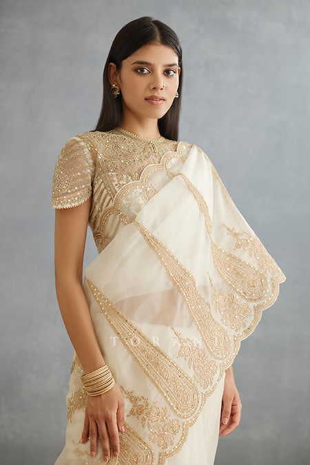 Shop Torani Ivory Silk Organza, Cotton Embroidery Gul Bano Geetika Hand Saree Online at Aza Fashions Shop_Torani_Ivory Silk Organza, Cotton Embroidery Gul Bano Geetika Hand Saree _Online_at_Aza_Fashions