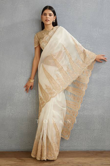 Torani Ivory Silk Organza, Cotton Embroidery Gul Bano Geetika Hand Saree at Aza Fashions Torani_Ivory Silk Organza, Cotton Embroidery Gul Bano Geetika Hand Saree _at_Aza_Fashions