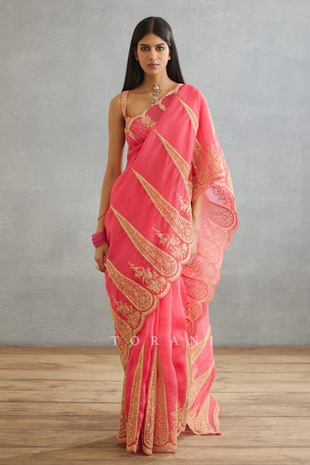 Torani_Pink Cotton, Silk Organza Embroidery Gul Kand Geetika Saree _Online_at_Aza_Fashions