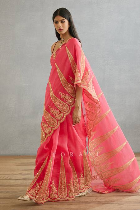 Buy_Torani_Pink Cotton, Silk Organza Embroidery Gul Kand Geetika Saree _Online_at_Aza_Fashions