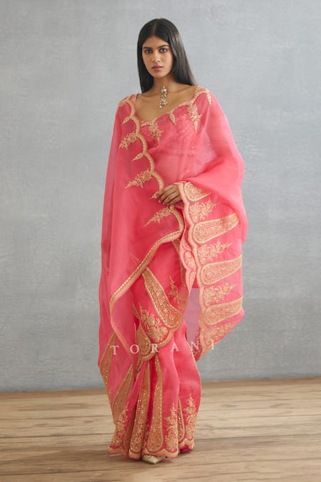 Shop_Torani_Pink Cotton, Silk Organza Embroidery Gul Kand Geetika Saree _Online_at_Aza_Fashions