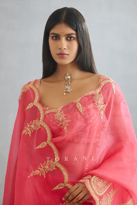 Torani_Pink Cotton, Silk Organza Embroidery Gul Kand Geetika Saree _at_Aza_Fashions