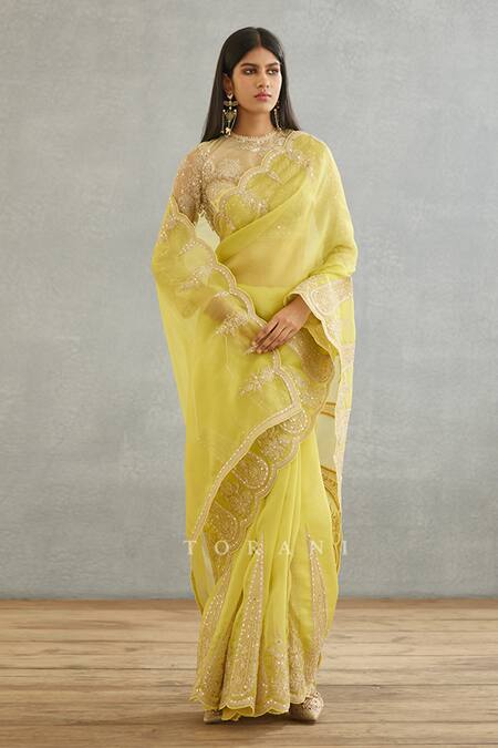Torani Yellow Silk Organza, Cotton Embroidery Gul Mina Geetika Hand Saree Online at Aza Fashions Torani_Yellow Silk Organza, Cotton Embroidery Gul Mina Geetika Hand Saree _Online_at_Aza_Fashions