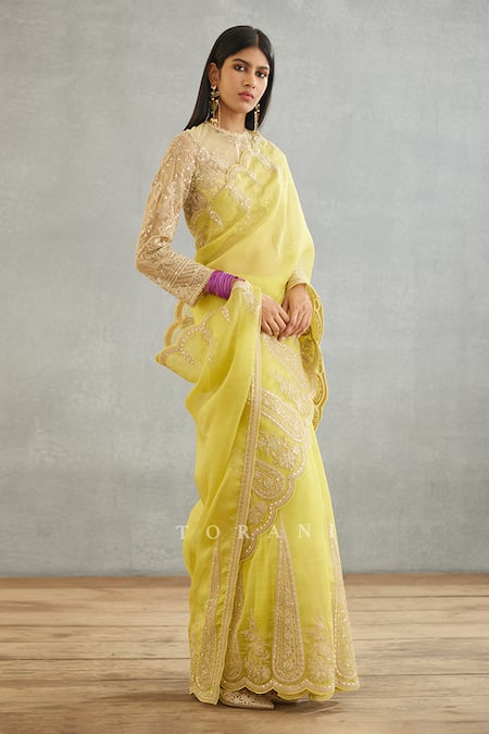 Buy Torani Yellow Silk Organza, Cotton Embroidery Gul Mina Geetika Hand Saree Online at Aza Fashions Buy_Torani_Yellow Silk Organza, Cotton Embroidery Gul Mina Geetika Hand Saree _Online_at_Aza_Fashions