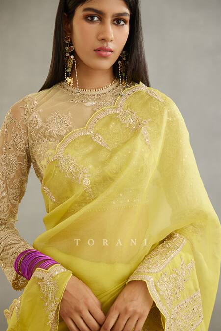 Shop Torani Yellow Silk Organza, Cotton Embroidery Gul Mina Geetika Hand Saree Online at Aza Fashions Shop_Torani_Yellow Silk Organza, Cotton Embroidery Gul Mina Geetika Hand Saree _Online_at_Aza_Fashions