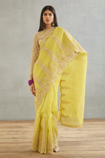 Shop Torani Yellow Silk Organza, Cotton Embroidery Gul Mina Geetika Hand Saree at Aza Fashions Shop_Torani_Yellow Silk Organza, Cotton Embroidery Gul Mina Geetika Hand Saree _at_Aza_Fashions