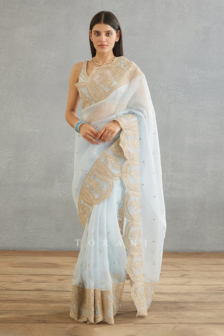 Torani_Blue Silk Organza Embroidery Gul Nilofer Yashaswini Hand Saree _Online_at_Aza_Fashions