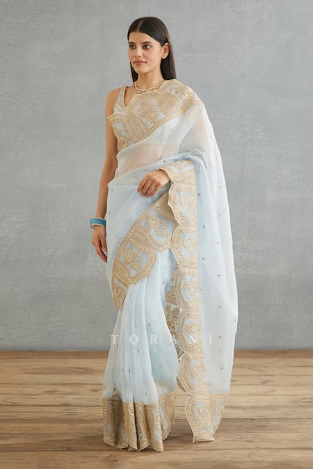 Buy_Torani_Blue Silk Organza Embroidery Gul Nilofer Yashaswini Hand Saree _Online_at_Aza_Fashions