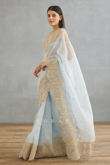 Shop_Torani_Blue Silk Organza Embroidery Gul Nilofer Yashaswini Hand Saree _Online_at_Aza_Fashions