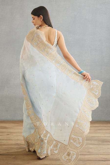 Shop_Torani_Blue Silk Organza Embroidery Gul Nilofer Yashaswini Hand Saree _at_Aza_Fashions