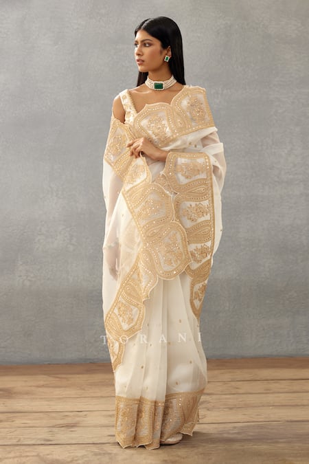 Buy_Torani_Ivory Silk Organza, Cotton Embroidery Gul Bano Yashaswini Hand Saree _Online_at_Aza_Fashions