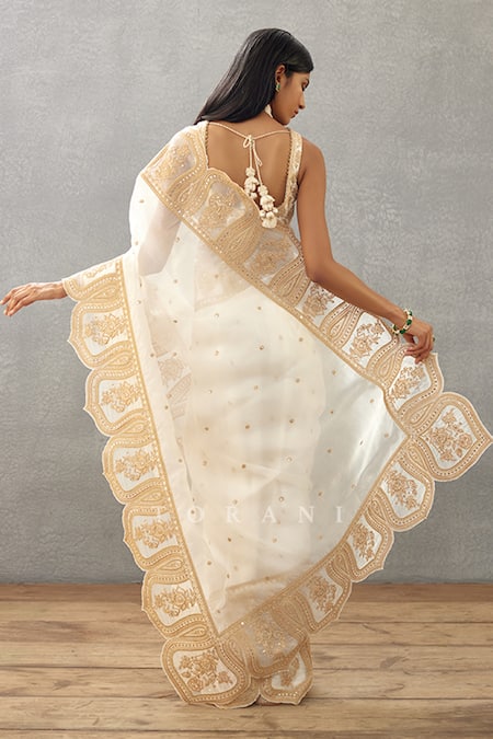 Shop_Torani_Ivory Silk Organza, Cotton Embroidery Gul Bano Yashaswini Hand Saree _at_Aza_Fashions