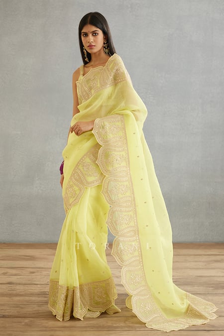 Torani_Yellow Silk Organza Embroidery Gul Mina Yashaswini Hand Saree _Online_at_Aza_Fashions