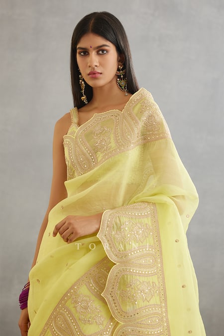 Buy_Torani_Yellow Silk Organza Embroidery Gul Mina Yashaswini Hand Saree _Online_at_Aza_Fashions