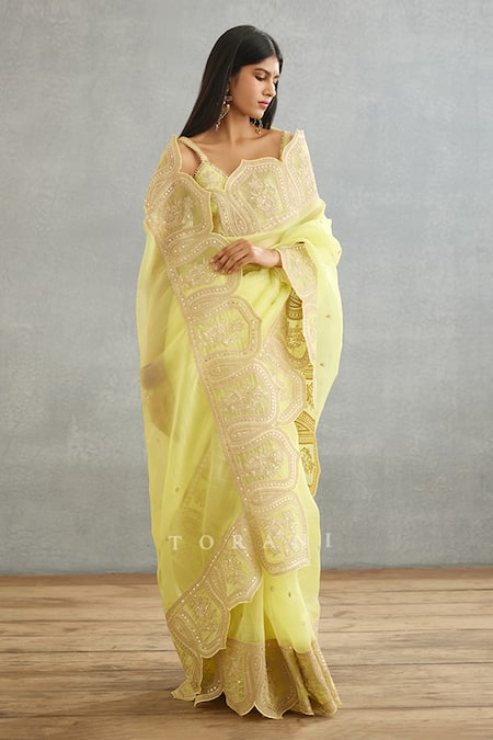 Torani_Yellow Silk Organza Embroidery Gul Mina Yashaswini Hand Saree _at_Aza_Fashions