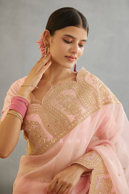 Torani Pink Silk Organza Embroidery Gul Mohar Yashaswini Hand Saree Online at Aza Fashions Torani_Pink Silk Organza Embroidery Gul Mohar Yashaswini Hand Saree _Online_at_Aza_Fashions
