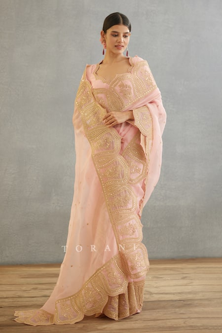 Buy Torani Pink Silk Organza Embroidery Gul Mohar Yashaswini Hand Saree Online at Aza Fashions Buy_Torani_Pink Silk Organza Embroidery Gul Mohar Yashaswini Hand Saree _Online_at_Aza_Fashions
