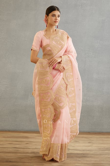 Shop Torani Pink Silk Organza Embroidery Gul Mohar Yashaswini Hand Saree Online at Aza Fashions Shop_Torani_Pink Silk Organza Embroidery Gul Mohar Yashaswini Hand Saree _Online_at_Aza_Fashions