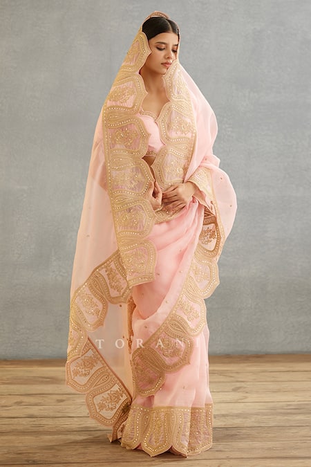Torani Pink Silk Organza Embroidery Gul Mohar Yashaswini Hand Saree at Aza Fashions Torani_Pink Silk Organza Embroidery Gul Mohar Yashaswini Hand Saree _at_Aza_Fashions