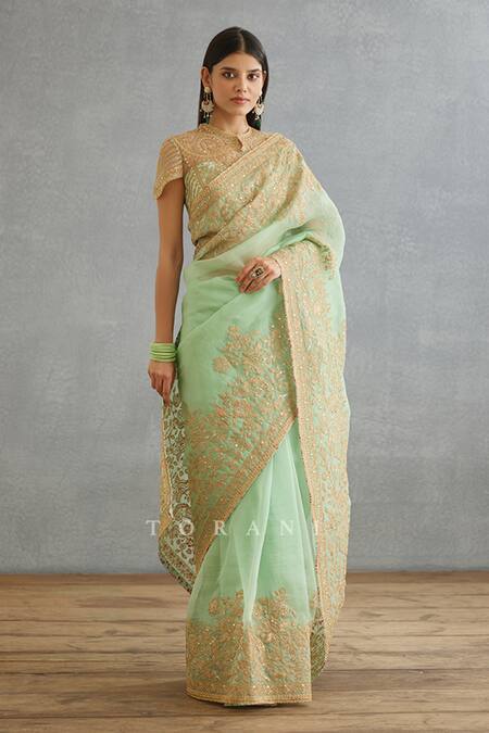 Torani Green Cotton, Silk Tassels Round Neck Gul Neer Yashoda Hand Embroidered Blouse Online at Aza Fashions Torani_Green Cotton, Silk Tassels Round Neck Gul Neer Yashoda Hand Embroidered Blouse _Online_at_Aza_Fashions