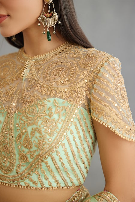 Shop Torani Green Cotton, Silk Tassels Round Neck Gul Neer Yashoda Hand Embroidered Blouse Online at Aza Fashions Shop_Torani_Green Cotton, Silk Tassels Round Neck Gul Neer Yashoda Hand Embroidered Blouse _Online_at_Aza_Fashions