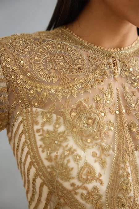 Buy_Torani_Ivory Cotton, Silk Embroidery Round Neck Gul Bano Yashoda Hand Blouse _Online_at_Aza_Fashions