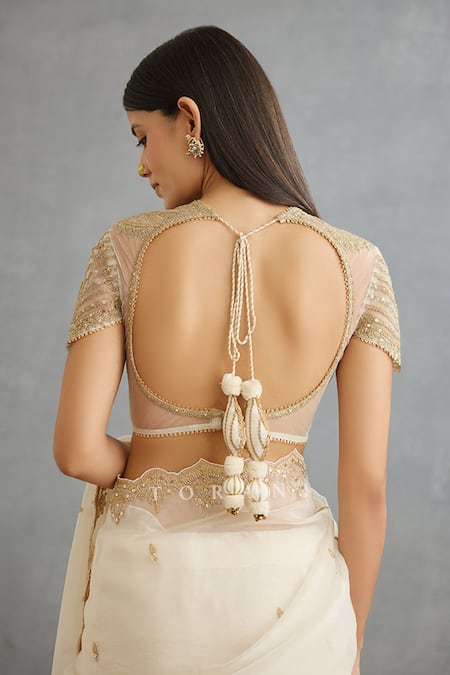 Shop_Torani_Ivory Cotton, Silk Embroidery Round Neck Gul Bano Yashoda Hand Blouse _at_Aza_Fashions