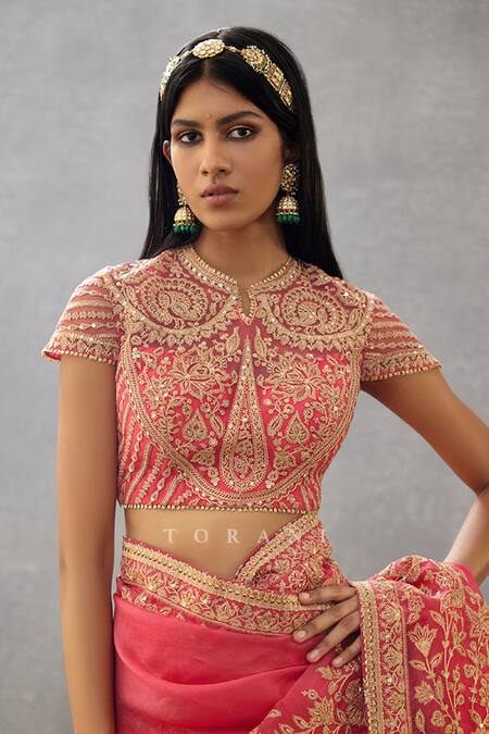 Torani - Pink Raw Silk Hand Embroidery Dori Notched Gul Yashoda Saree  Blouse For Women