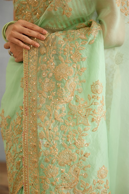 Torani Green Silk Organza Embroidery Hand Gul Neer Yashoda Saree Online at Aza Fashions Torani_Green Silk Organza Embroidery Hand Gul Neer Yashoda Saree _Online_at_Aza_Fashions