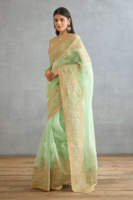 Shop Torani Green Silk Organza Embroidery Hand Gul Neer Yashoda Saree Online at Aza Fashions Shop_Torani_Green Silk Organza Embroidery Hand Gul Neer Yashoda Saree _Online_at_Aza_Fashions