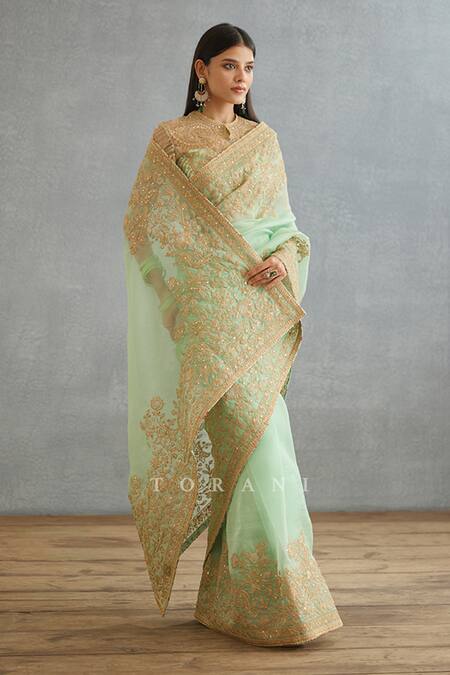 Torani Green Silk Organza Embroidery Hand Gul Neer Yashoda Saree at Aza Fashions Torani_Green Silk Organza Embroidery Hand Gul Neer Yashoda Saree _at_Aza_Fashions
