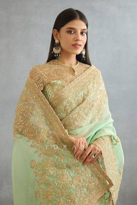 Buy Torani Green Silk Organza Embroidery Hand Gul Neer Yashoda Saree Buy_Torani_Green Silk Organza Embroidery Hand Gul Neer Yashoda Saree