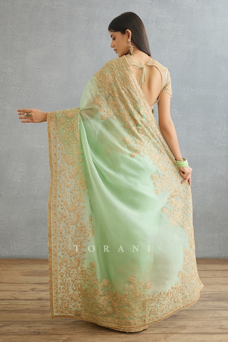 Shop Torani Green Silk Organza Embroidery Hand Gul Neer Yashoda Saree at Aza Fashions Shop_Torani_Green Silk Organza Embroidery Hand Gul Neer Yashoda Saree _at_Aza_Fashions