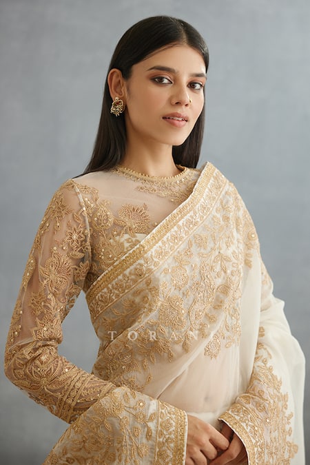 Shop Torani Ivory Silk Organza Embroidery Gul Bano Yashoda Hand Saree Online at Aza Fashions Shop_Torani_Ivory Silk Organza Embroidery Gul Bano Yashoda Hand Saree _Online_at_Aza_Fashions