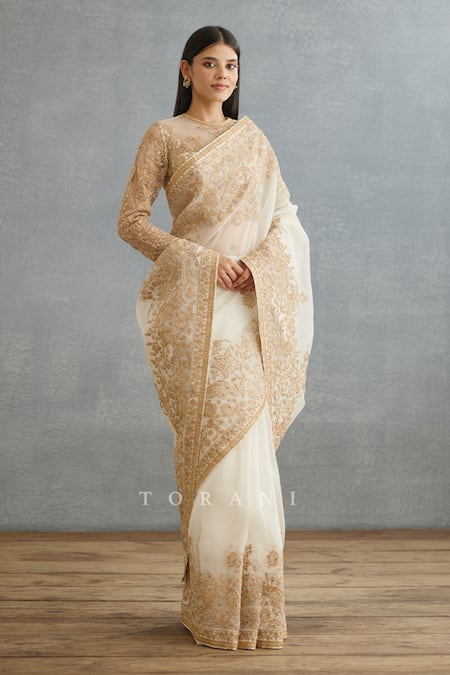 Torani Ivory Silk Organza Embroidery Gul Bano Yashoda Hand Saree at Aza Fashions Torani_Ivory Silk Organza Embroidery Gul Bano Yashoda Hand Saree _at_Aza_Fashions
