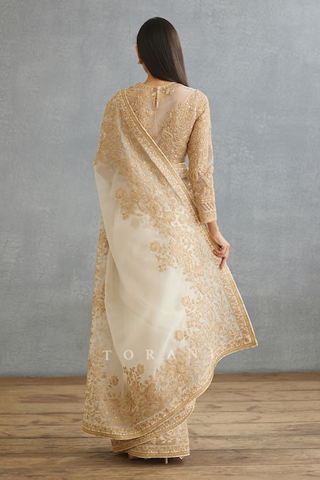 Shop Torani Ivory Silk Organza Embroidery Gul Bano Yashoda Hand Saree at Aza Fashions Shop_Torani_Ivory Silk Organza Embroidery Gul Bano Yashoda Hand Saree _at_Aza_Fashions
