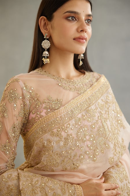 Torani_Pink Silk Organza Embroidery Gul Mohar Yashoda Saree _at_Aza_Fashions