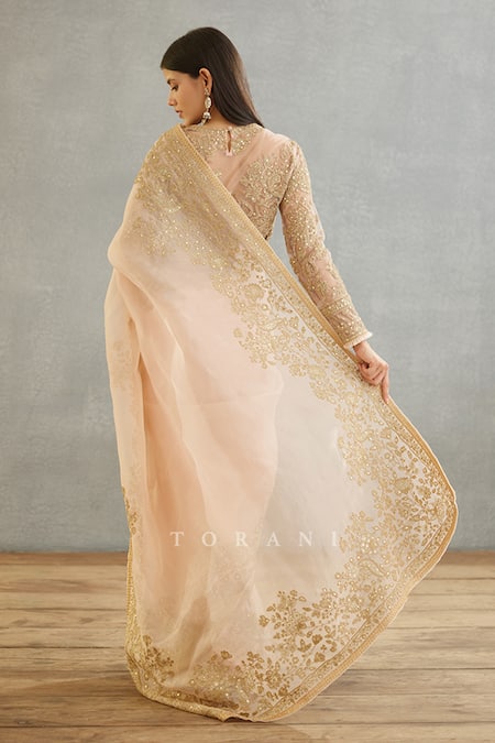 Shop_Torani_Pink Silk Organza Embroidery Gul Mohar Yashoda Saree _at_Aza_Fashions