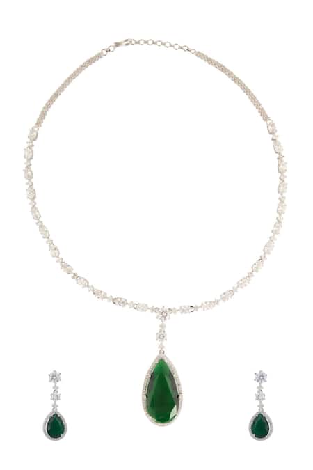 Shop Saga Jewels Silver Plated Crystals, Stones Emerald Pendant Drop Necklace Set at Aza Fashions Shop_Saga Jewels_Silver Plated Crystals, Stones Emerald Pendant Drop Necklace Set _at_Aza_Fashions