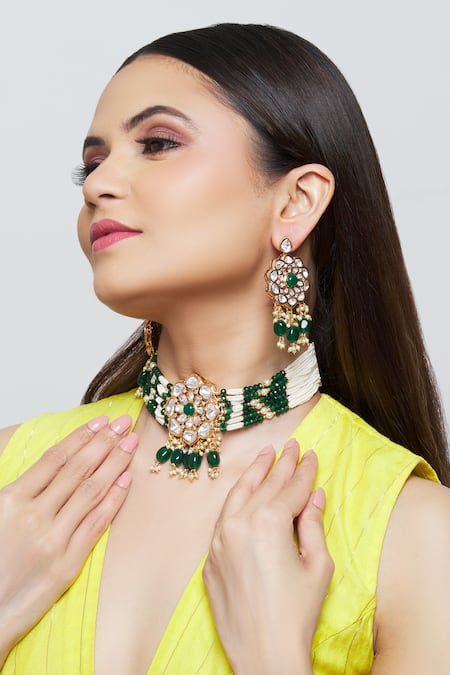 Saga Jewels Multi Color Diamonds, Stones Floral Kundan Choker Set 