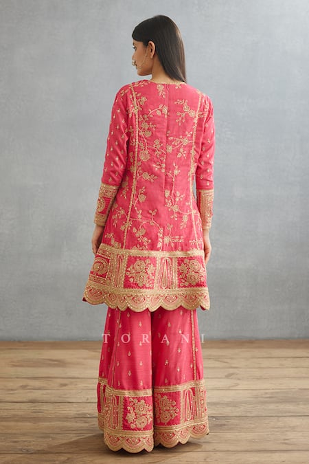 Shop Torani Pink Silk, Net Sequins, Lace, Embroidery Gul Kand Meera Anarkali Sharara Set at Aza Fashions Shop_Torani_Pink Silk, Net Sequins, Lace, Embroidery Gul Kand Meera Anarkali Sharara Set _at_Aza_Fashions