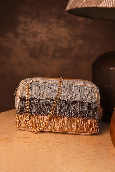 Shop Sandalwali Gold Tassels, Beads Tessa Embellished Handbag at Aza Fashions Shop_Sandalwali_Gold Tassels, Beads Tessa Embellished Handbag _at_Aza_Fashions
