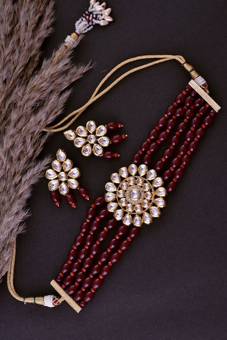 Shop_Swabhimann_Red Beads Kundan Embellished Choker Set _at_Aza_Fashions