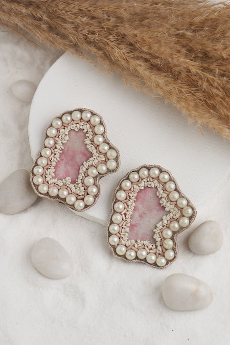 Shop_Torque By Merge_Pink Semi Precious Mixed Stones Abstract Pearl Embellished Earrings _at_Aza_Fashions