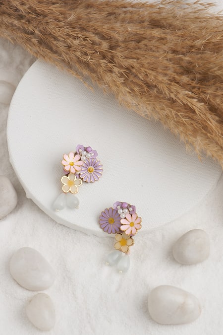 Shop_Torque By Merge_Multi Color Semi Precious Mixed Stones Floral Charm Embellished Earrings _at_Aza_Fashions