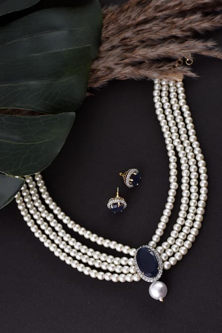 Shop_Swabhimann_Blue Zari, Pearls Embellished Necklace Set _at_Aza_Fashions