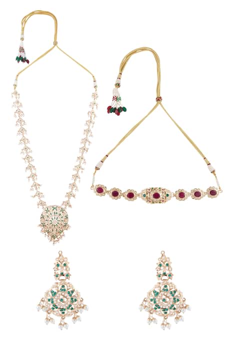 Shop_Moh-Maya By Disha Khatri_Gold Plated Beads, Stones Necklace Set _at_Aza_Fashions